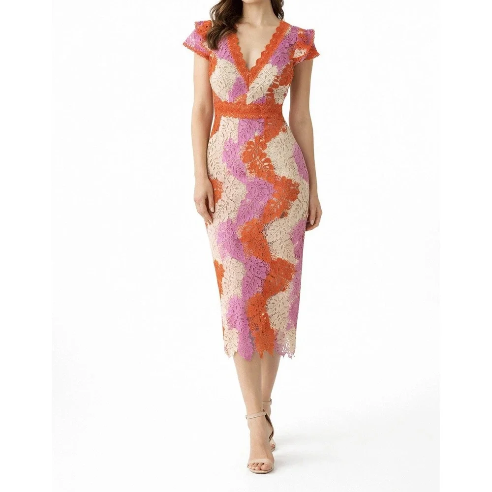 Adelyn Rae Crochet Lace Midi Dress XS Floral Orange Pink Boho‎ V-Neck
